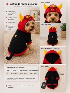 ICHOUe Dog Devil Costume Size L Black Red Hooded Bull Horns Pet Halloween Outfit